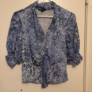 Express Blue and White Tie Front 3/4 Sleeve Blouse